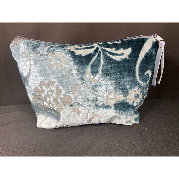Aqua Blue Velour Floral Handmade Bag, One of a Kind Pouch, Lined Satchel, Travel - Picture 2 of 6